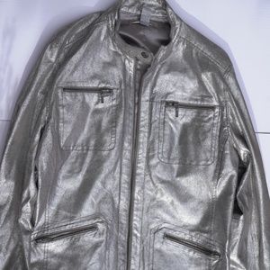 Women's Chico's 100% Leather Silver Zip Up Jacket
